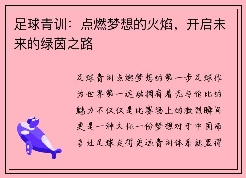 足球青训：点燃梦想的火焰，开启未来的绿茵之路