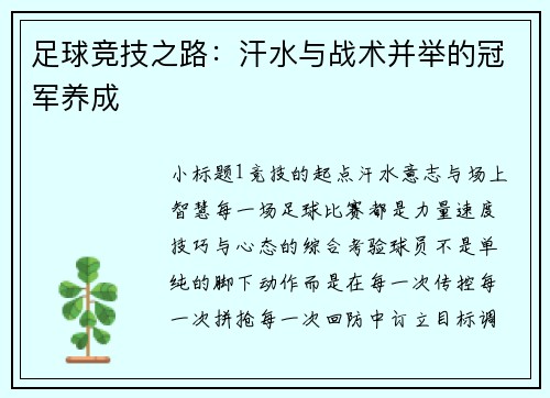足球竞技之路：汗水与战术并举的冠军养成