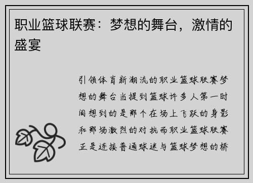 职业篮球联赛：梦想的舞台，激情的盛宴